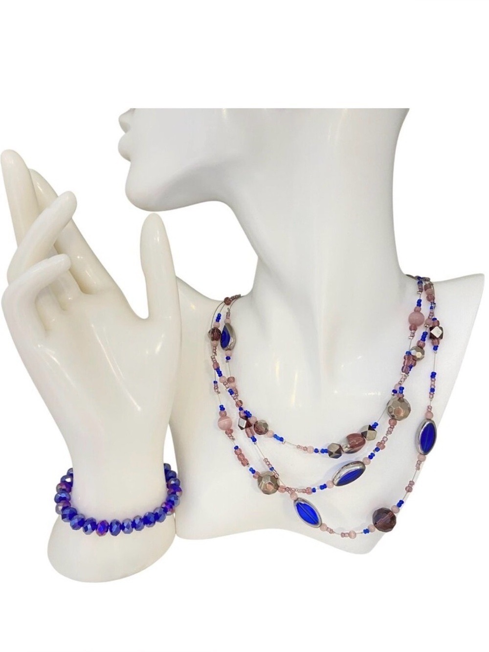 Blue Multi-Strand Beaded Necklace & Bracelet Crystal Jewelry arrangement Set